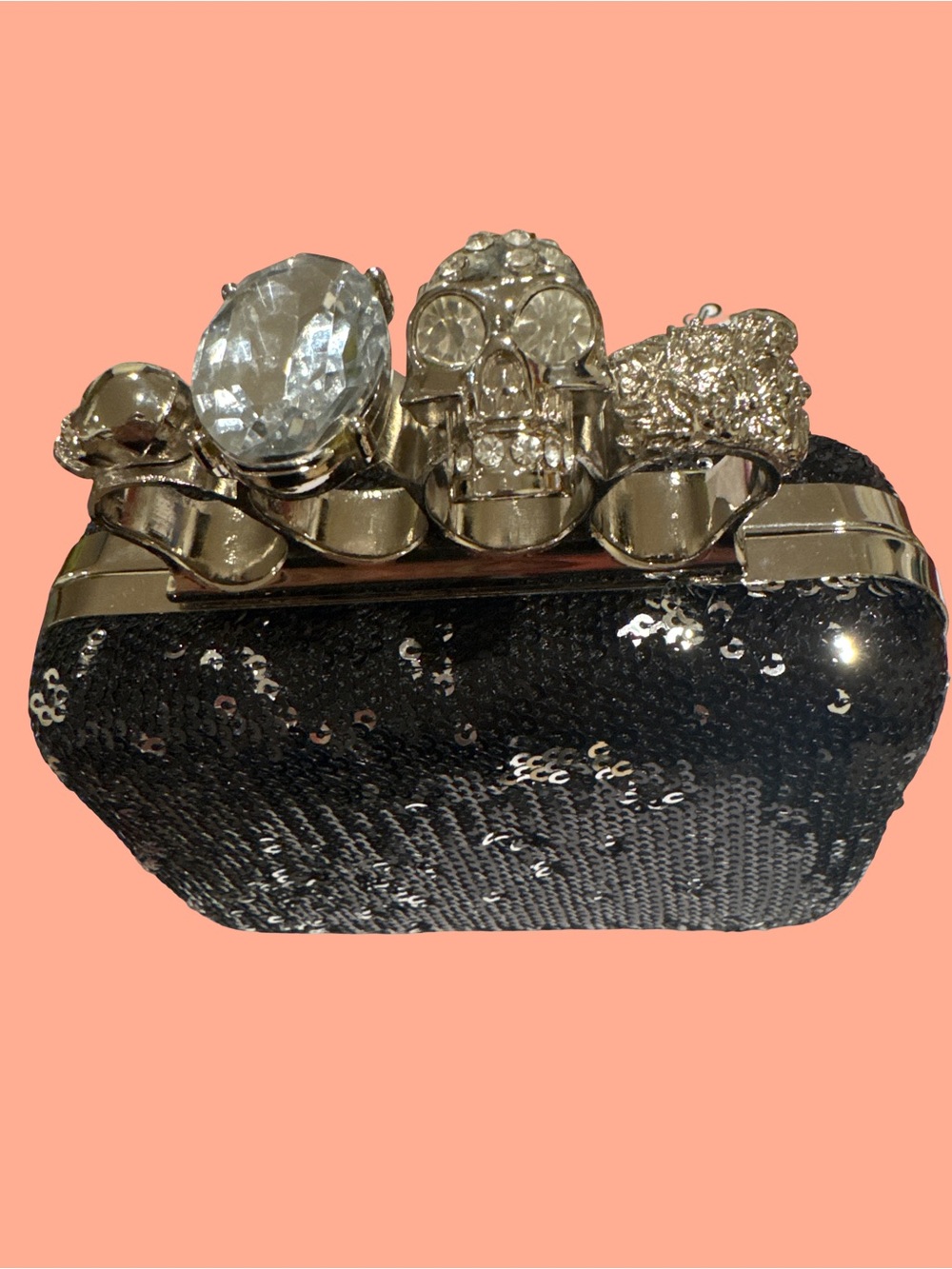 Black Sequin Knuckle-Closure Evening Clutch